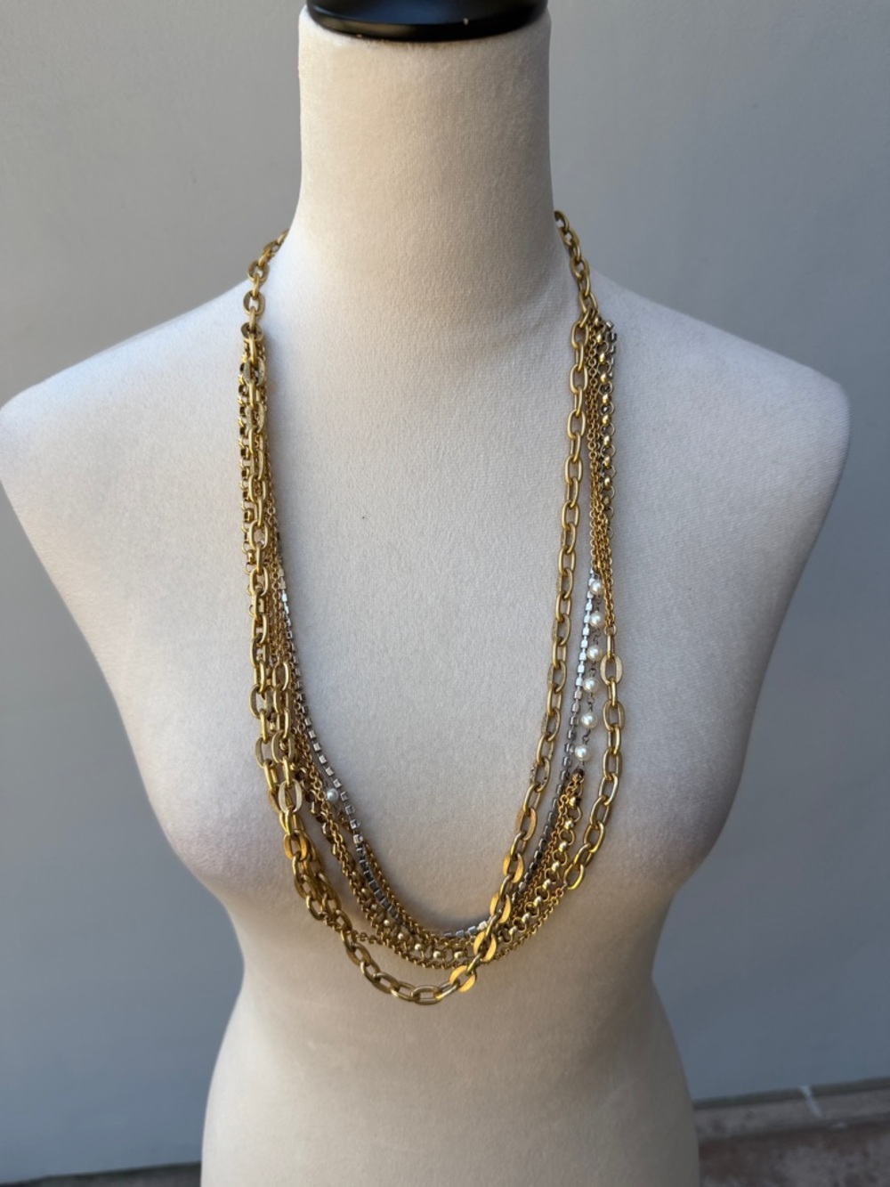 GOLD Multi-strand Layered Chain Necklace w/ Rhinestones Crystals Pearls Costume